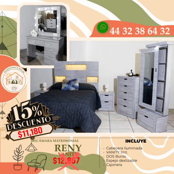 RECÁMARA RENY CON VANITY GRIS