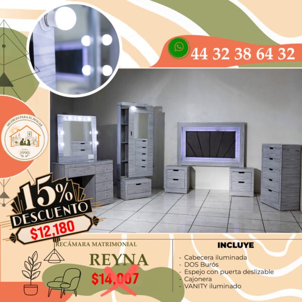RECÁMARA REYNA CON VANITY GRIS