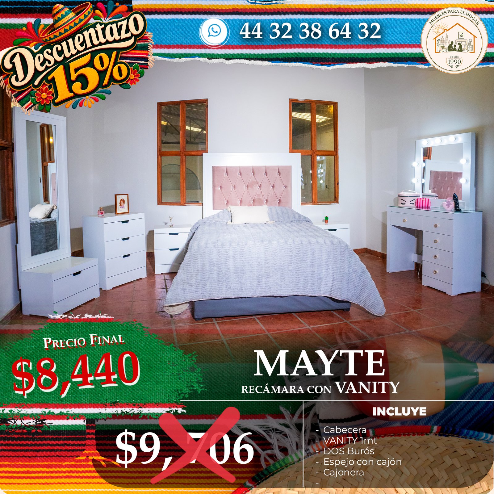 RECÁMARA MAYTE CON VANITY BLANCO ROSA